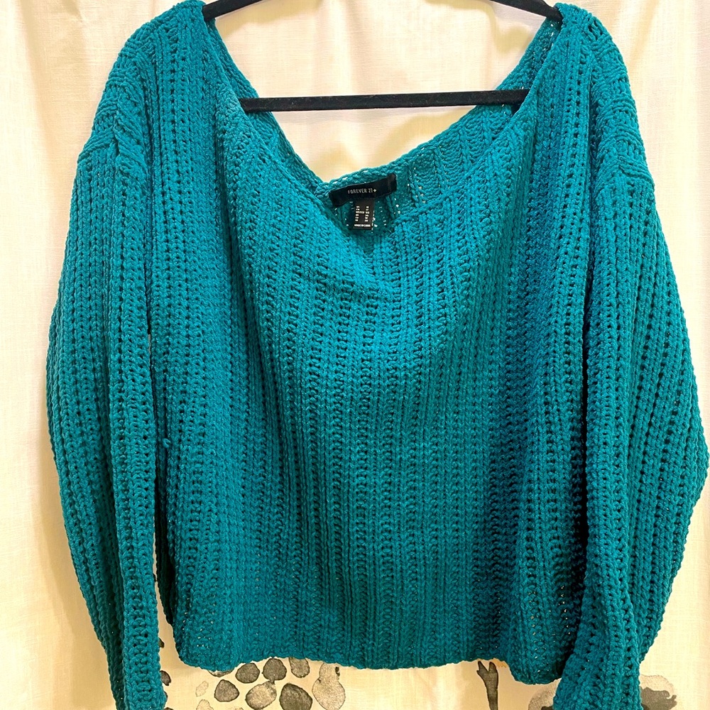 Turquoise one shoulder or off the shoulder crop sweater